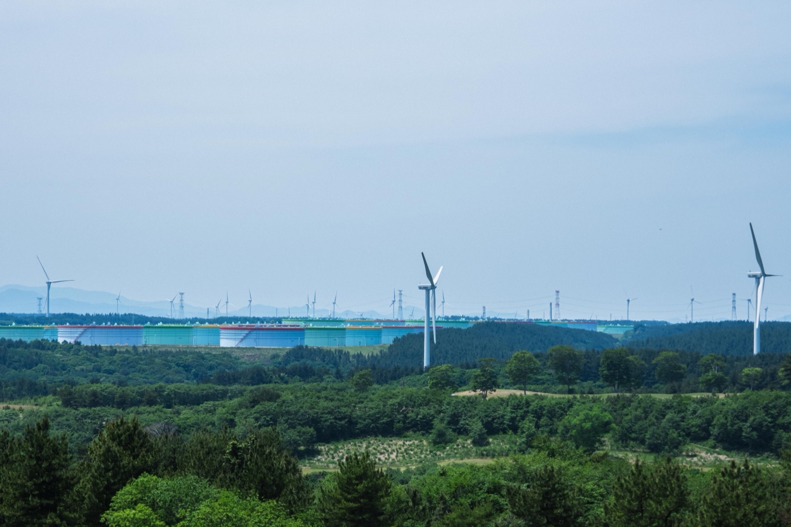 緑の丘陵に風力発電の風車とエネルギー基地が並ぶ六ヶ所村の遠景
